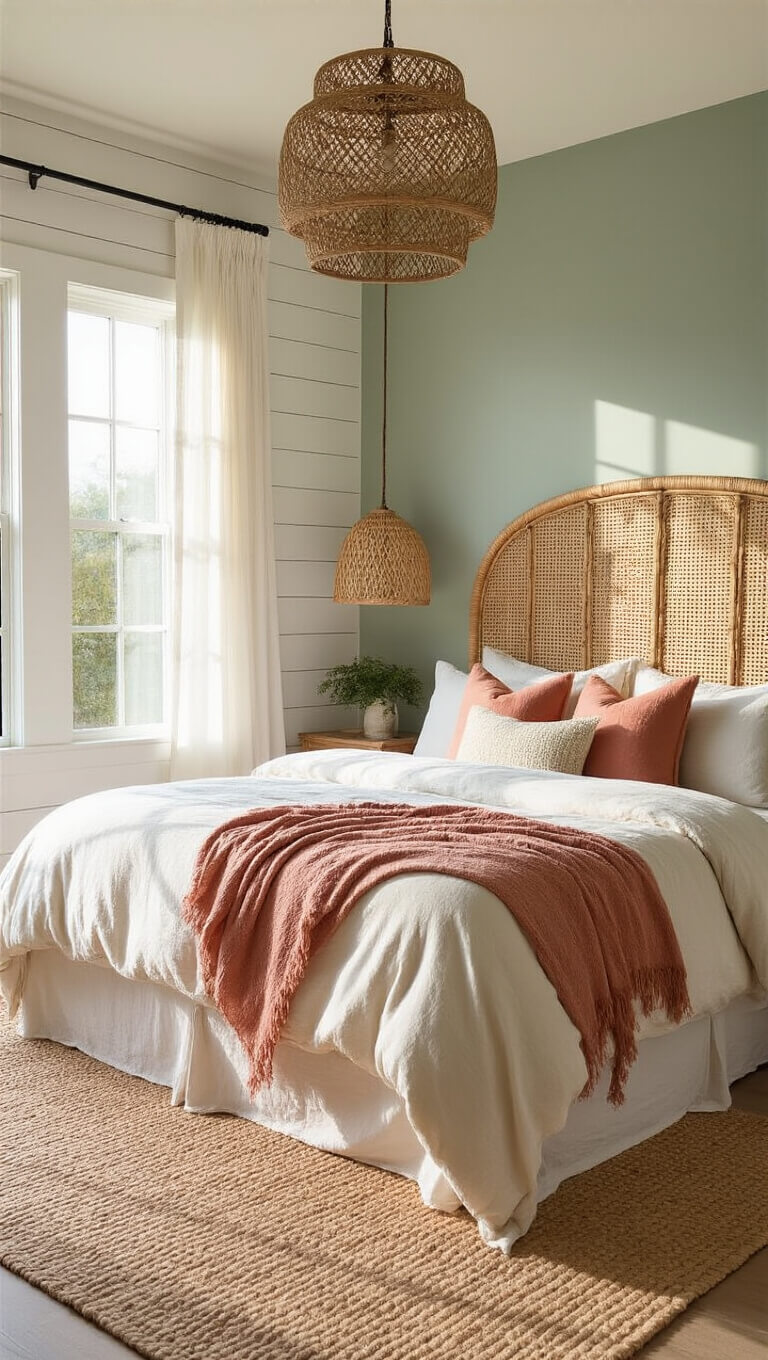 Sunlit 14x16ft bedroom with ivory linen bedding, cane headboard on sage green wall, jute rug, and gauzy curtains filtering golden hour light.