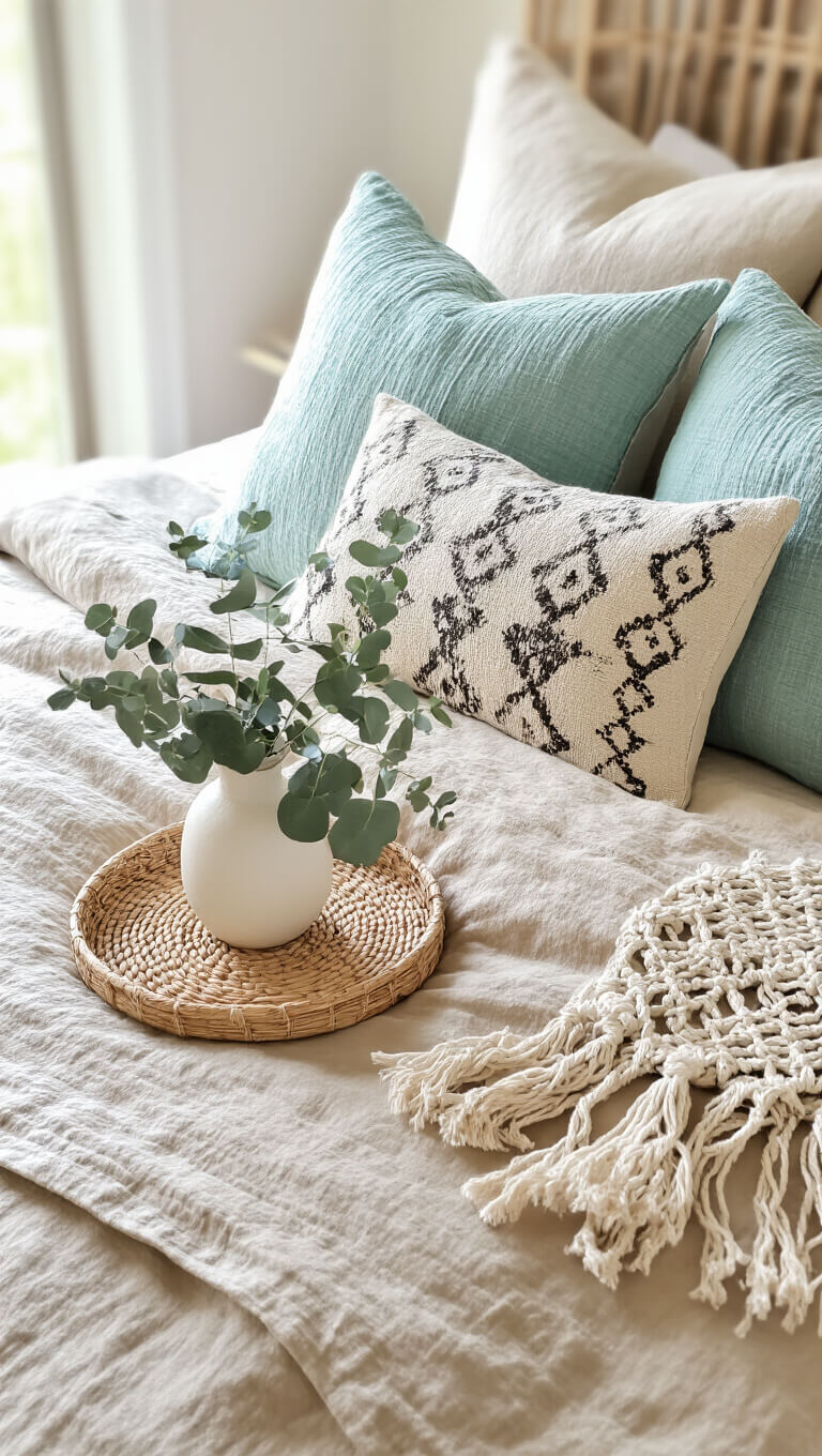 Layered bedding with beige linen duvet, pale aqua throw, vintage cream and charcoal pillows, macramé cushion, and rattan tray with eucalyptus in white vase.