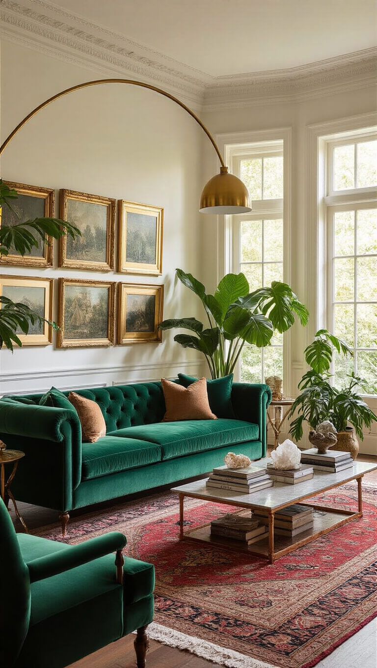 Sunlit living room with emerald velvet sofa, vintage gold frame gallery wall, jewel-toned Persian rug layered with cowhide, brass accents, and monstera shadows during golden hour.