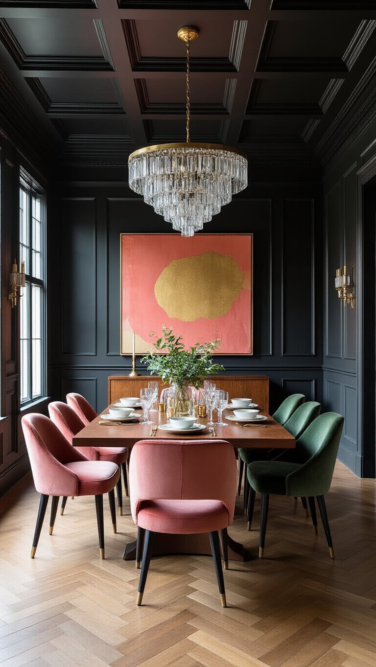 Modern dining room with black coffered ceiling, walnut table, velvet chairs, abstract coral and gold artwork, crystal chandelier, and herringbone floors.