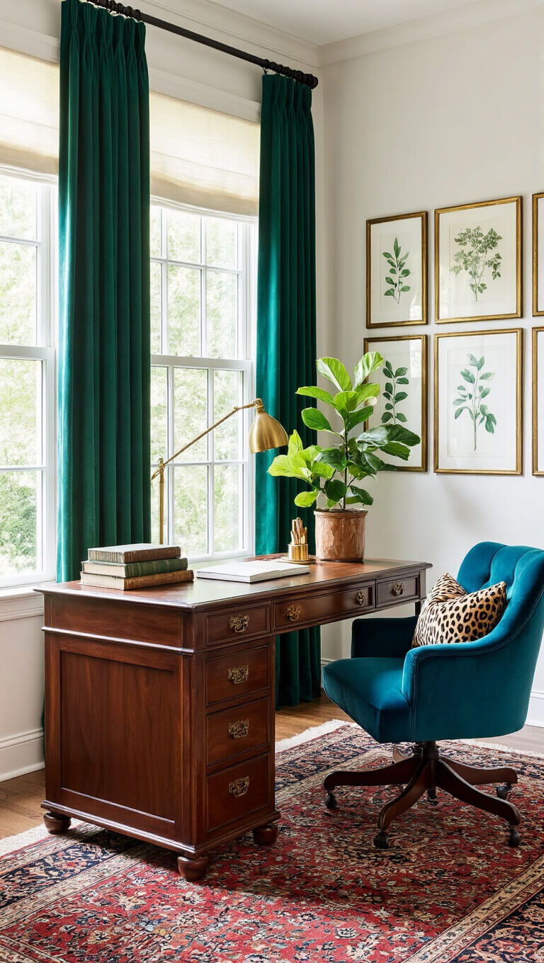 Cozy 10x12ft home office with vintage mahogany desk facing tall windows with emerald drapes, peacock blue chair with leopard pillow, botanical gallery wall, fiddle leaf fig, and antique Persian runner.