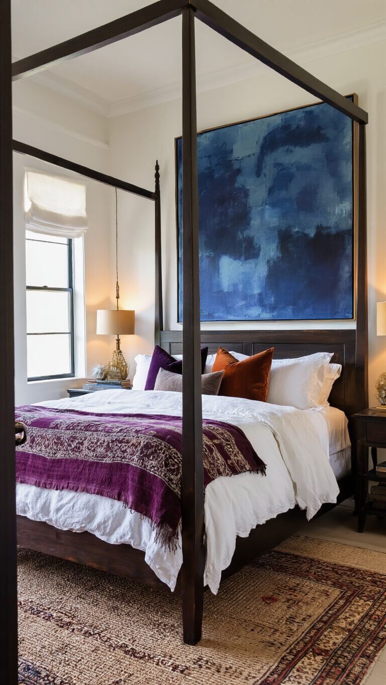 Twilight view of elegant primary bedroom with dark walnut four-poster bed, layered linens, velvet pillows, large moody abstract painting, and vintage Moroccan rug over sisal.