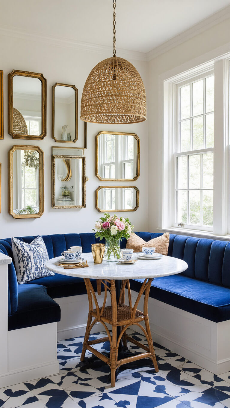 Cozy 8x10ft breakfast nook with navy velvet banquette, marble bistro table, vintage mirrors, rattan pendant, and bold navy-white geometric tile floor.