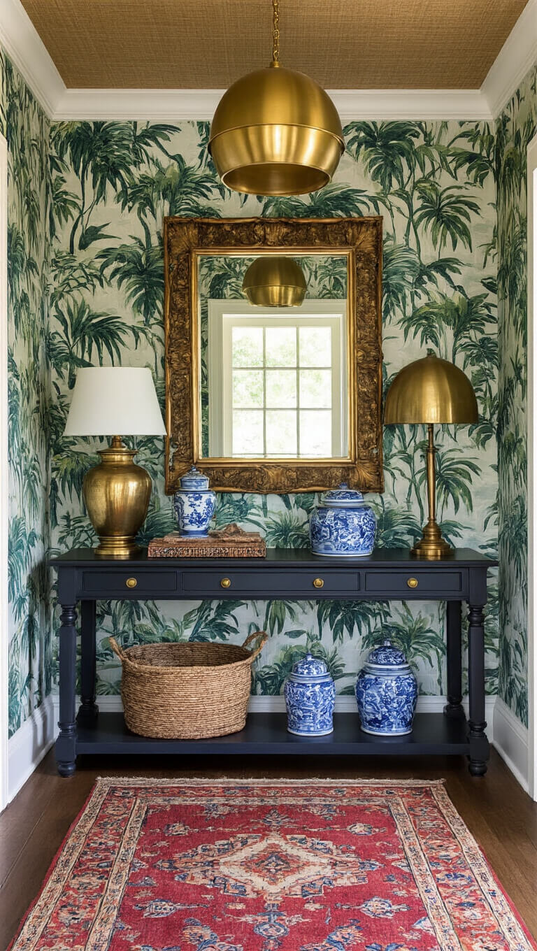 Eclectic 14x16ft entryway with tropical wallpaper, vintage mirror, brass lamp, blue and white chinoiserie on console table, jewel-toned runner, and grasscloth ceiling lit by brass pendant.