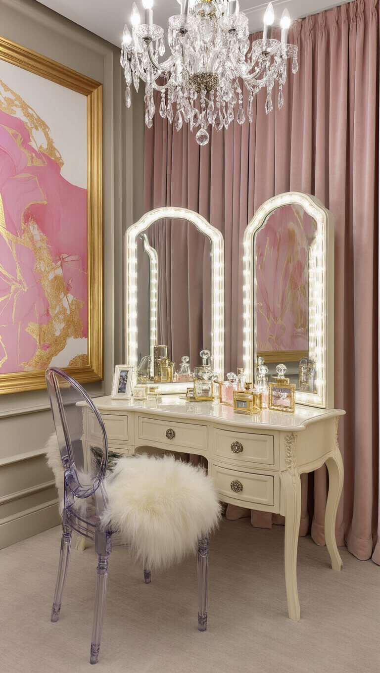 Luxurious blush pink dressing room with vintage vanity, crystal chandelier, and mirrored reflections.