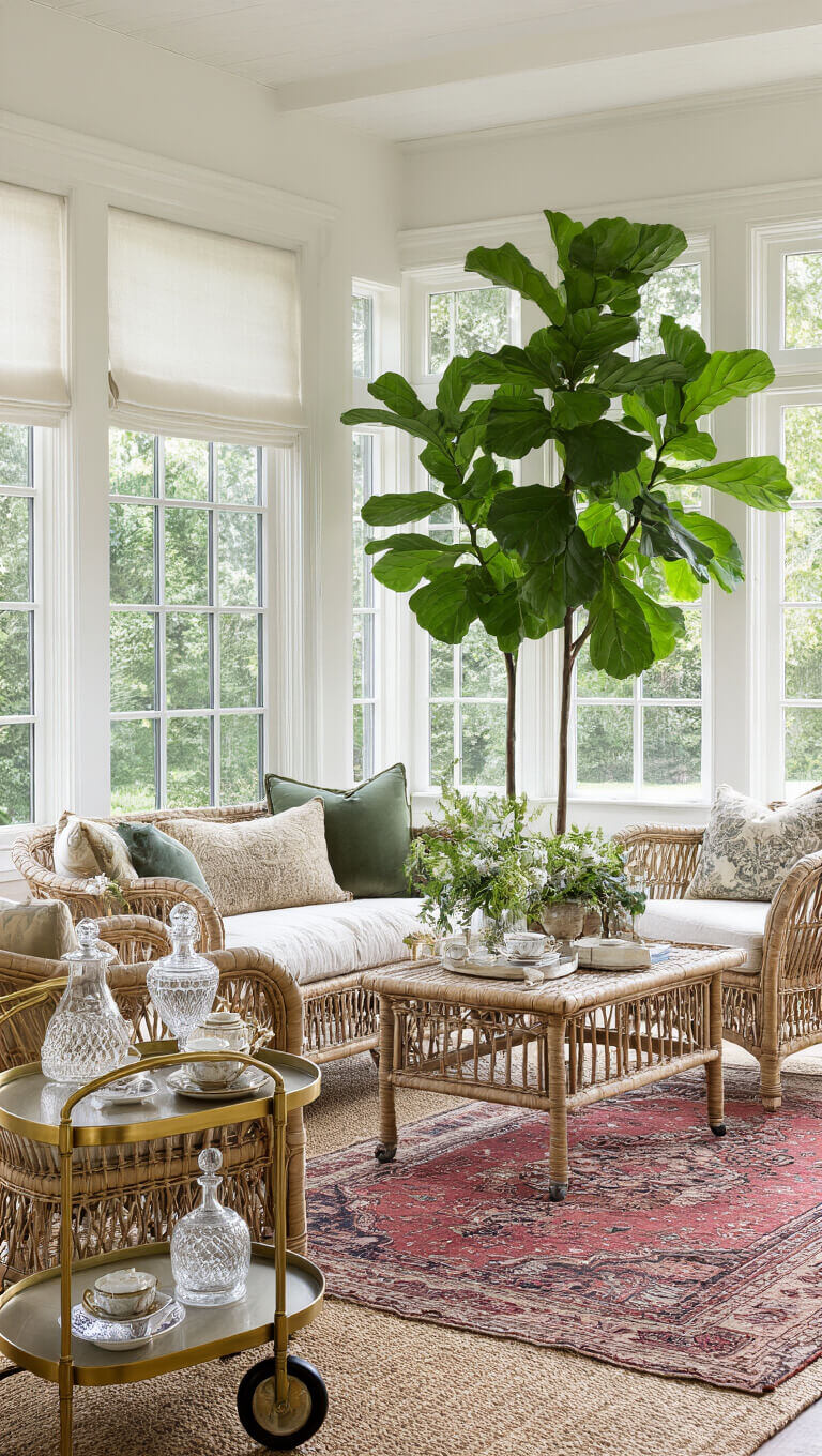 Sunlit 18x20ft sunroom with rattan and velvet vintage furniture, layered jute and Persian rugs, fiddle leaf figs by windows, and a brass bar cart with crystal decanters and vintage teacups.
