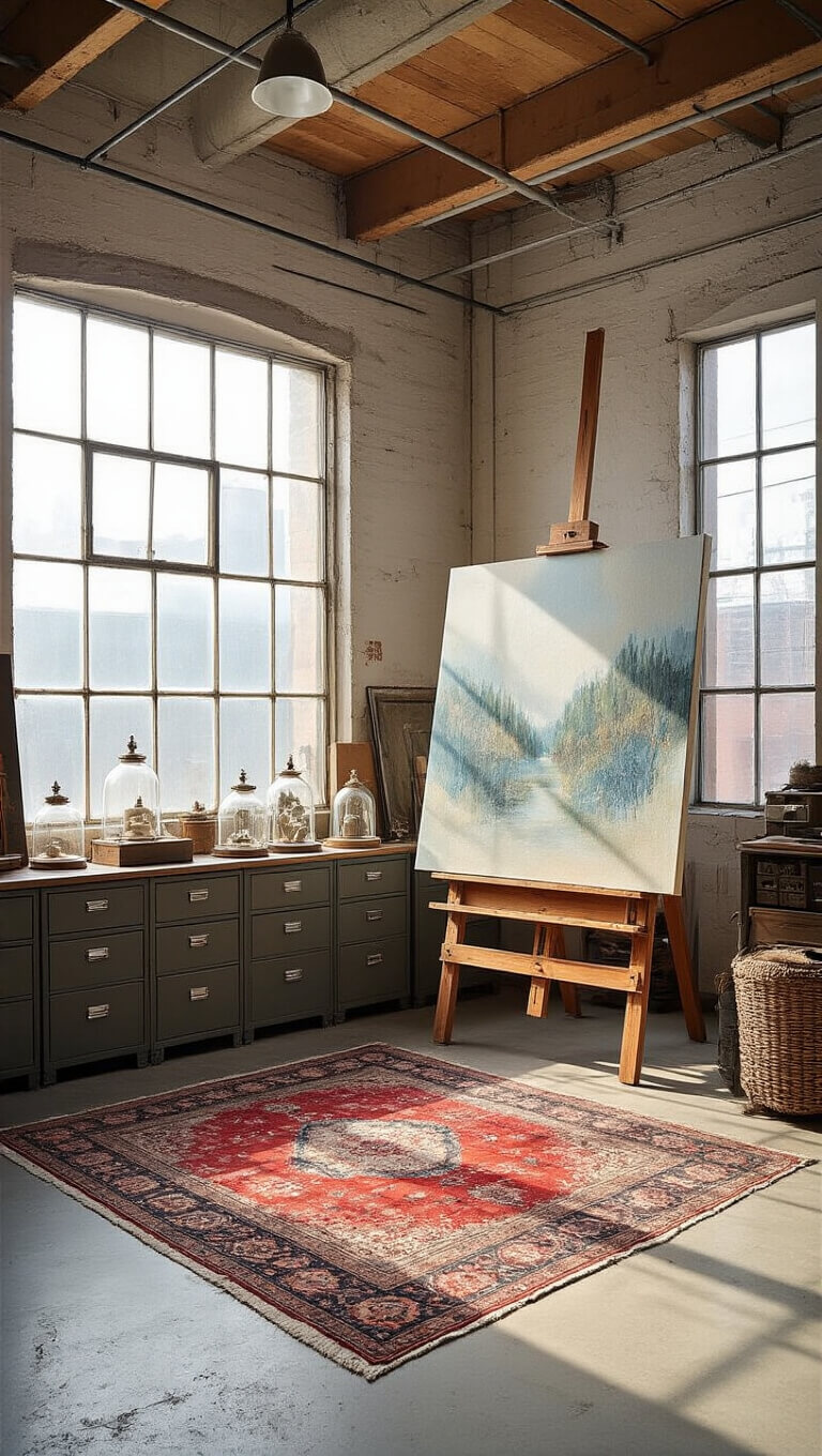 Artist's 14x16ft studio with vintage furnishings, a large easel displaying canvas, flat file cabinets with glass cloches, Persian rug on concrete floor, and soft morning light through north-facing windows.