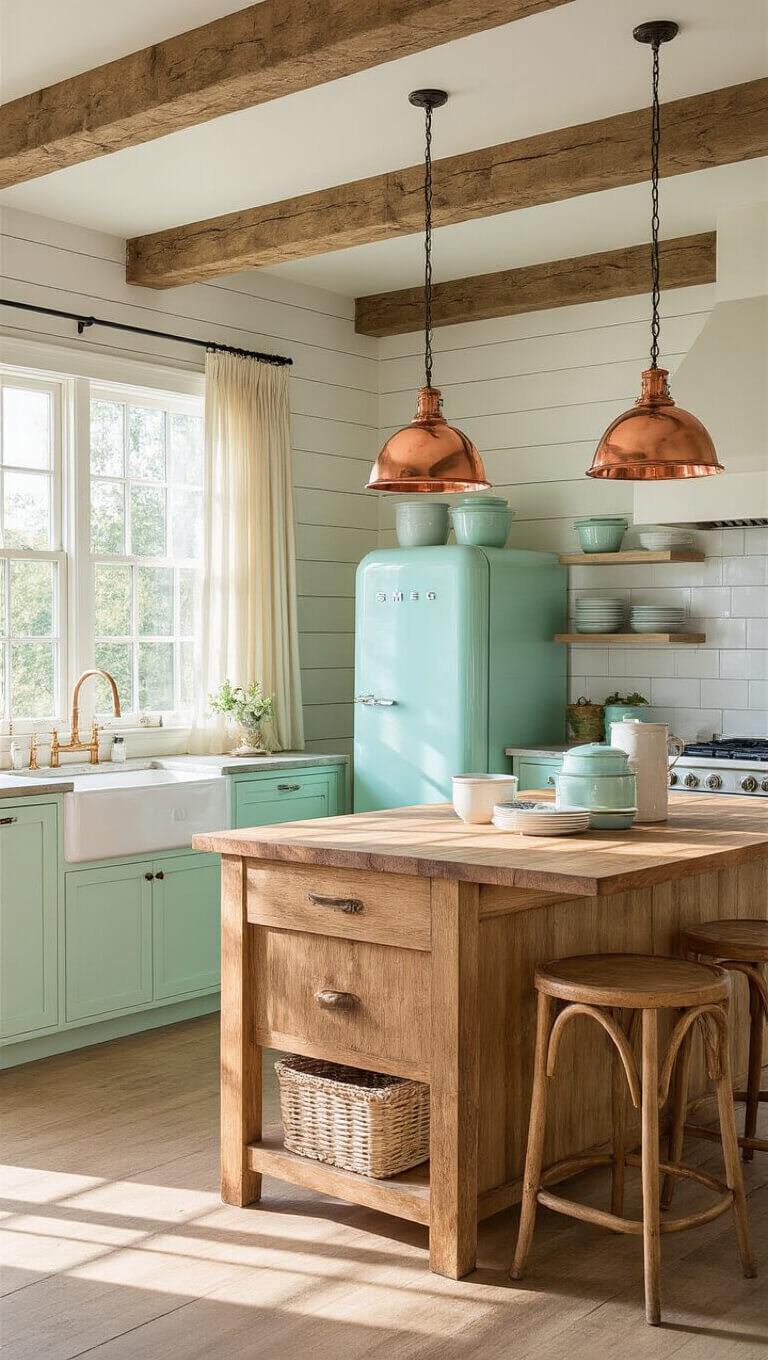 Sunlit farmhouse kitchen with exposed wooden beams, mint-green Smeg fridge, oak butcher block island, vintage enamelware, and copper pendant lights over white subway tiles.