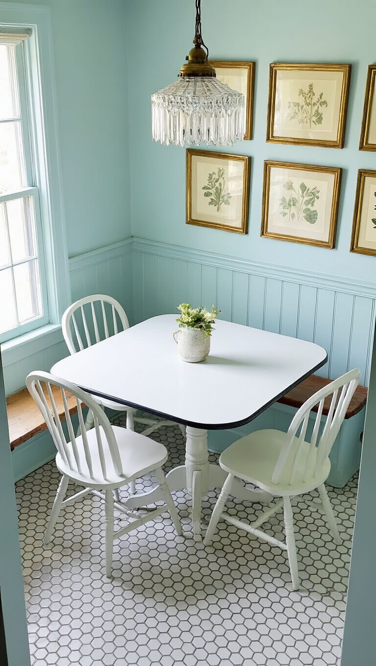 Overhead view of a cozy 6x8ft kitchen nook with a restored 1940s enamel-top table, white Windsor chairs, botanical prints on pale blue walls, and a crystal pendant light illuminating hexagonal floor tiles.