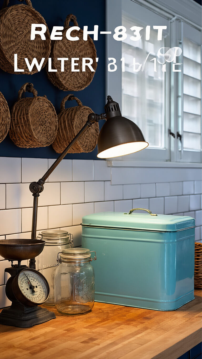 Moody dusk-lit kitchen corner with vintage blue bread box, antique scales, and mason jars on a worn butcher block under an industrial lamp, set against navy walls with woven basket decor.