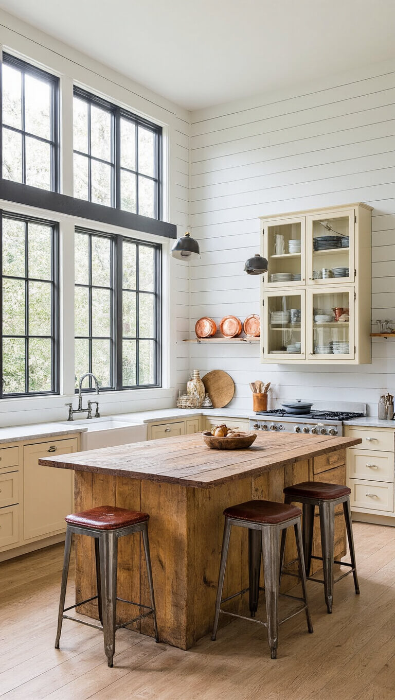 Wide-angle view of 15x18ft kitchen at dawn with steel-framed double-height windows, cream enamel 1930s Hoosier cabinet, reclaimed wood island, vintage metal stools, and copper molds on white shiplap walls.