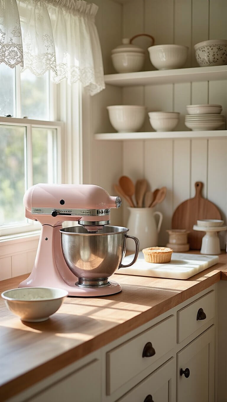 Macro shot of vintage pink stand mixer and marble pastry board in warm white kitchen with ironstone bowls, vintage cake stands, and lace-curtained window casting soft shadows.