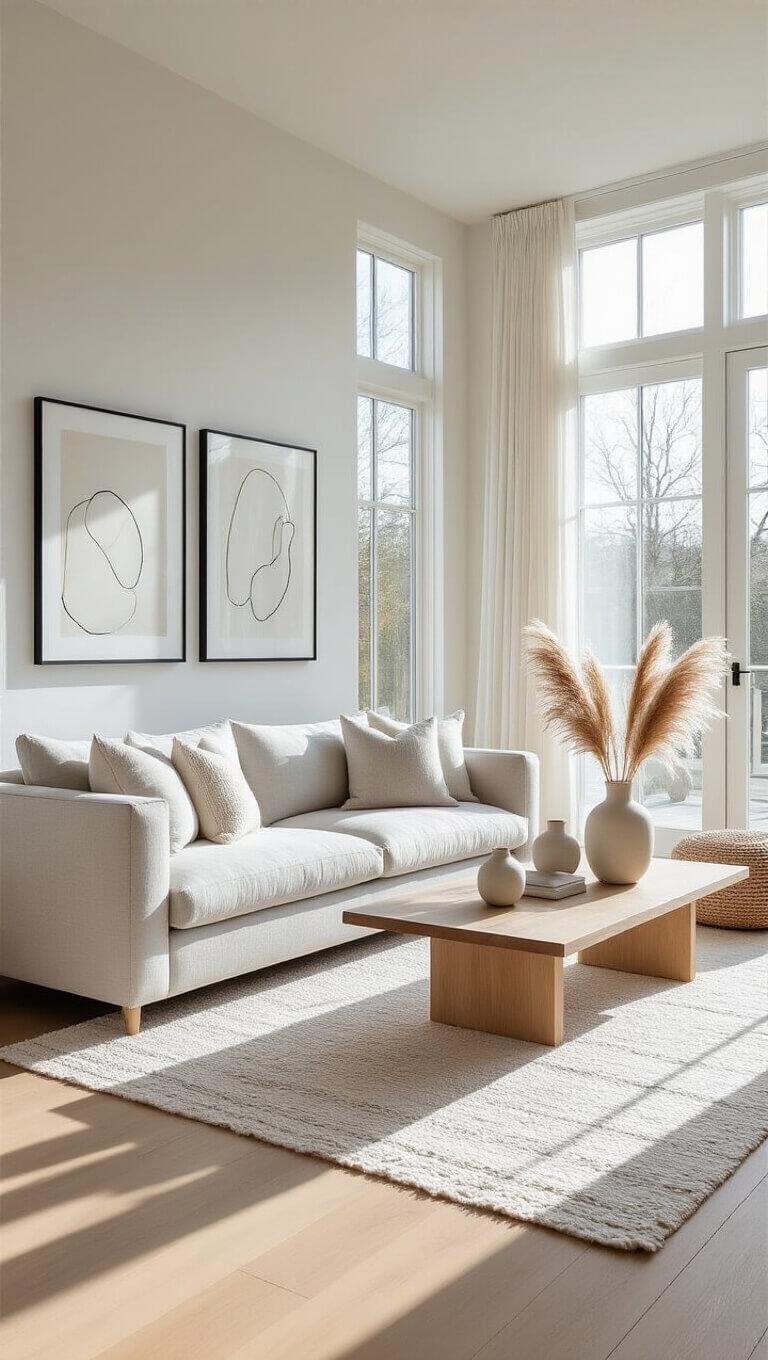Bright, airy living room with light gray sofa, blonde wood coffee table, floor-to-ceiling windows, and soft morning sunlight illuminating layered rugs and minimalist decor.