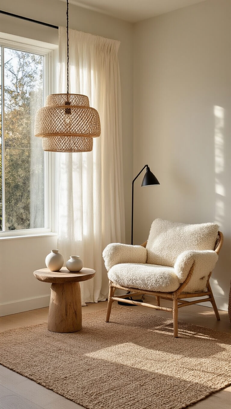 Cozy 15x18ft living space at golden hour with dramatic shadows, cream bouclé chair by gauzy curtained window, rattan pendant light, raw wood table with white ceramics, jute rug, and black floor lamp.