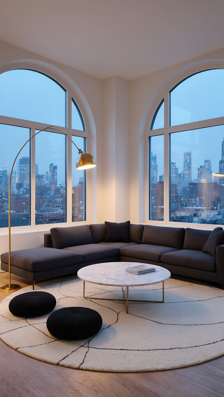 Modern open-concept living room at dusk with arched window, charcoal sofa, marble coffee table, geometric rug, floor cushions, and brass floor lamp.