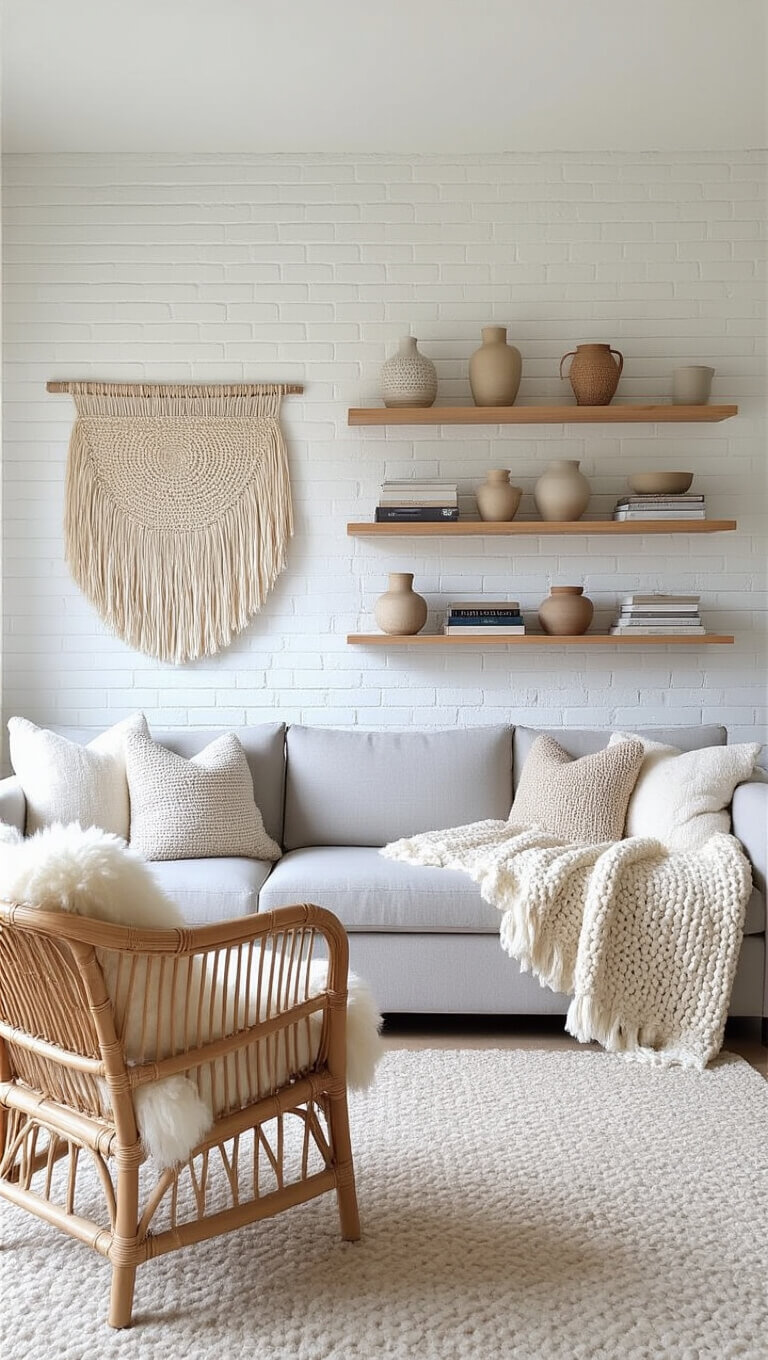 Cozy 12x15ft living room with light gray modular sofa, rattan armchair, white-painted brick wall, floating shelves, and soft afternoon light.