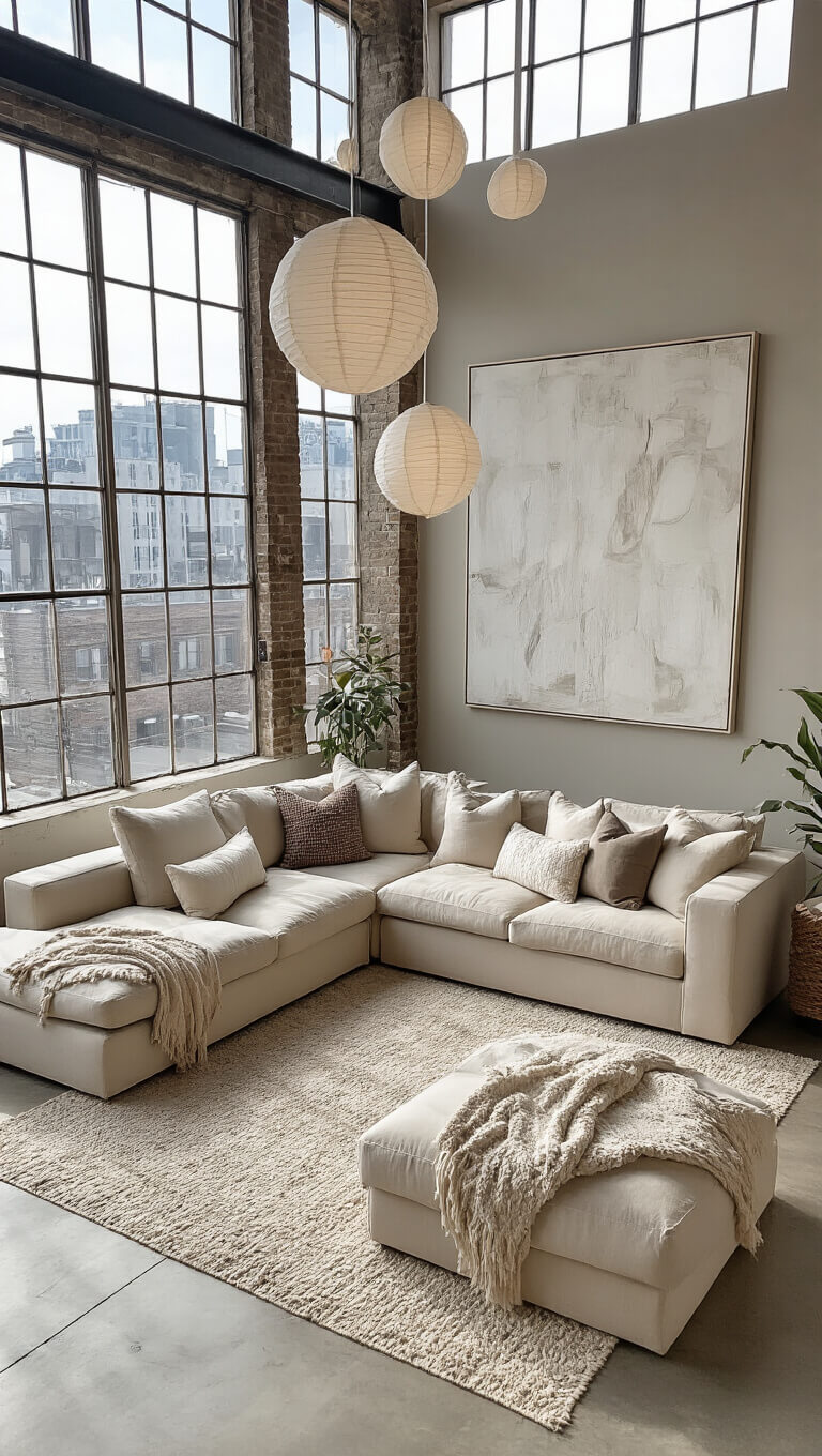 Loft-style living space with oatmeal sectional, abstract artwork, and paper pendant lights, bathed in natural midday light.