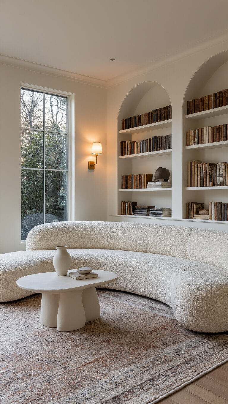 Cozy 16x20ft twilight living room with cream bouclé sofa, chalk white ceramic coffee table, warm white built-in bookshelves, layered vintage rugs, and soft brass sconce lighting.