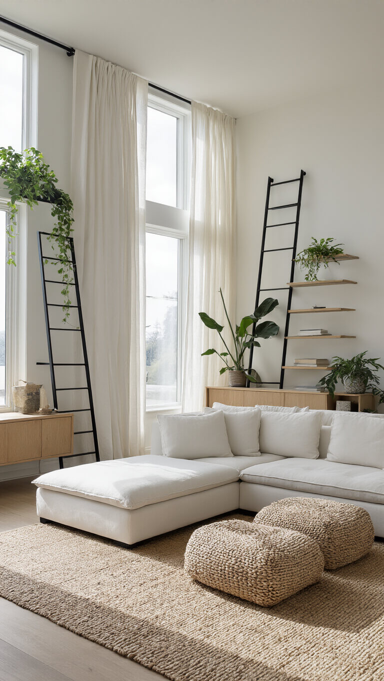 Minimalist 20x25ft living room with cloud-white sectional, full-wall bleached oak entertainment unit, large double-height windows with sheer drapes, woven poufs, and black metal plant shelf in bright morning light.