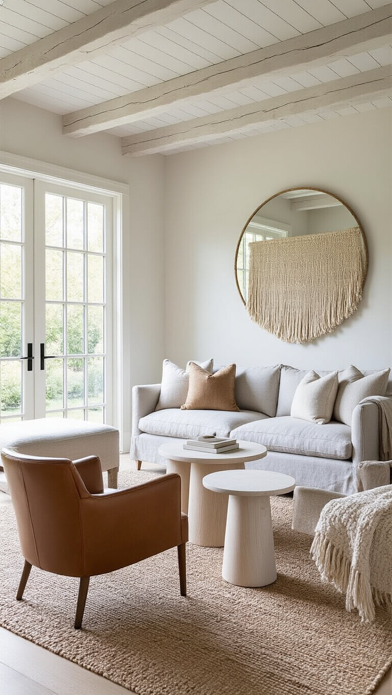 Nordic-inspired 18x24ft living room bathed in golden hour light, featuring a light gray linen loveseat, leather accent chairs, pale oak and marble nesting tables, whitewashed ceiling beams, oversized mirror reflecting garden views, and neutral woven wall hanging.
