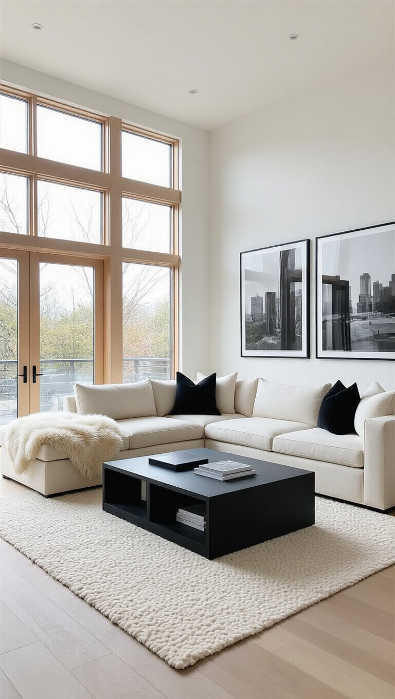 Bright modern 22x26ft living space with cream modular sectional, black coffee table, floor-to-ceiling white oak windows, black-and-white gallery wall, and layered sheepskin throws.
