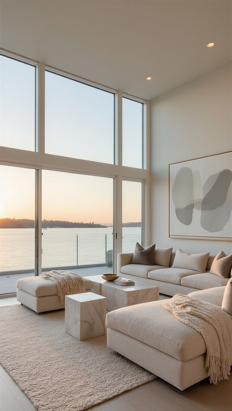Serene contemporary living room at dawn with panoramic water views, low-profile oatmeal bouclé sectional, marble and brass side tables, abstract art, and soft textured throws.