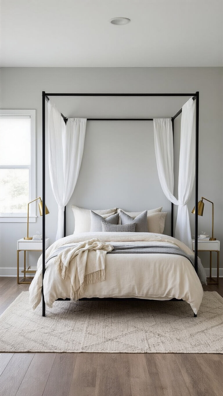 Minimalist 10x12 ft girl's room at dawn with matte black canopy bed, cream and gray bedding, brass lamps, and soft natural light.