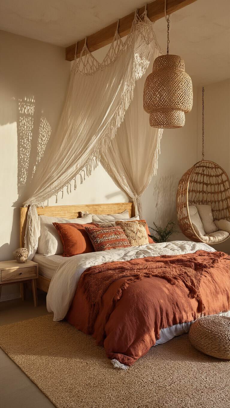 Boho-inspired 11x13ft bedroom at golden hour with canopy bed, warm-toned layered bedding, rattan pendant light, and a cozy reading nook with hanging chair.