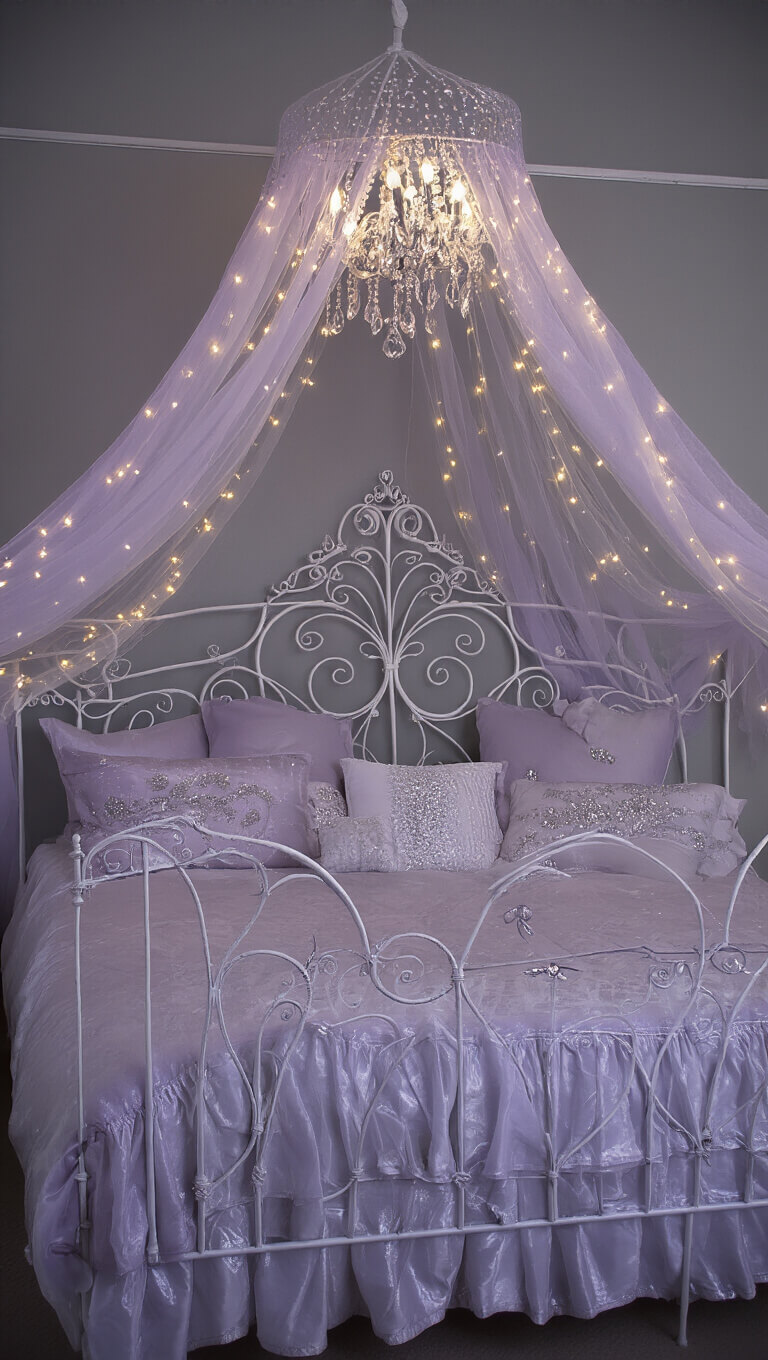 Fairytale-themed bedroom at dusk with ornate white canopy bed, lavender and silver tulle, fairy lights, and vintage chandelier, viewed from above with soft focus.