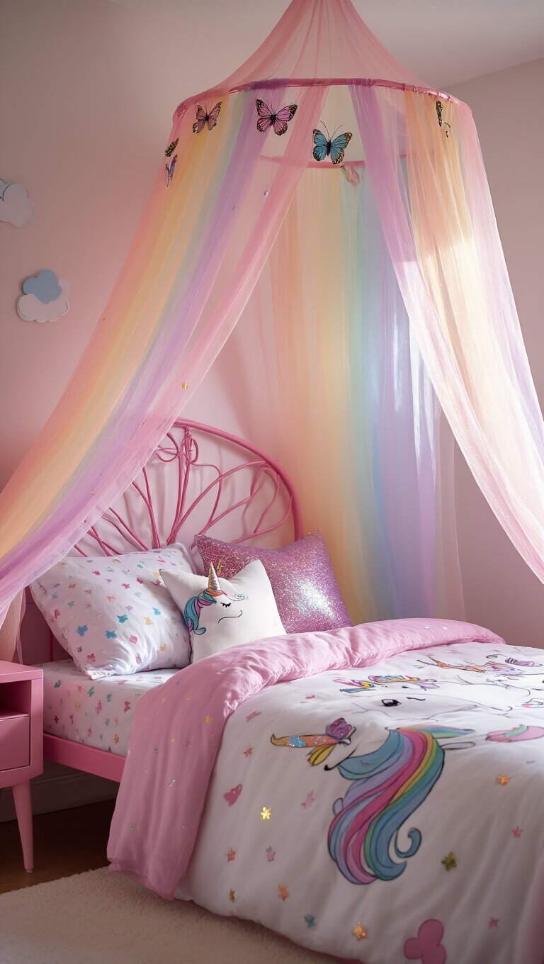 Whimsical child's bedroom with pink canopy bed, rainbow tulle, unicorn bedding, and cloud wall decals in morning light.