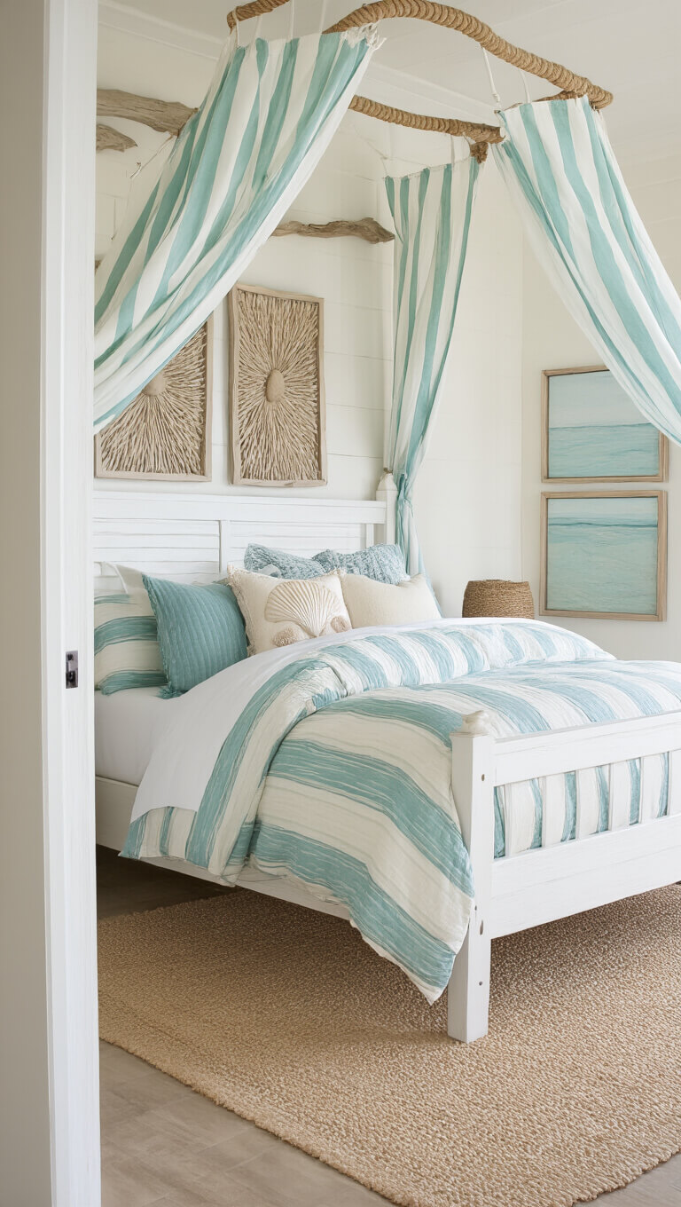 Coastal-themed 12x13ft bedroom with white canopy bed, seafoam striped fabric, beachy bedding, and driftwood wall art, naturally lit from doorway view.