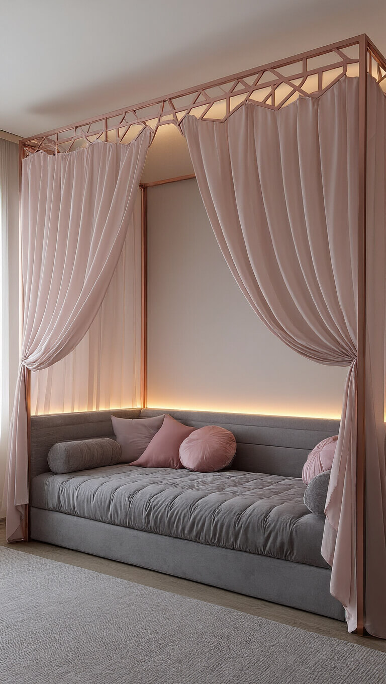 Tween bedroom with rose gold canopy and blush silk, gray and pink decor, velvet pillows, and LED lighting at dusk.