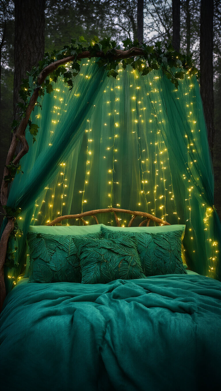 Enchanted forest-themed bedroom with ivy-draped canopy and glowing fairy lights, viewed from bedside angle in soft twilight focus.