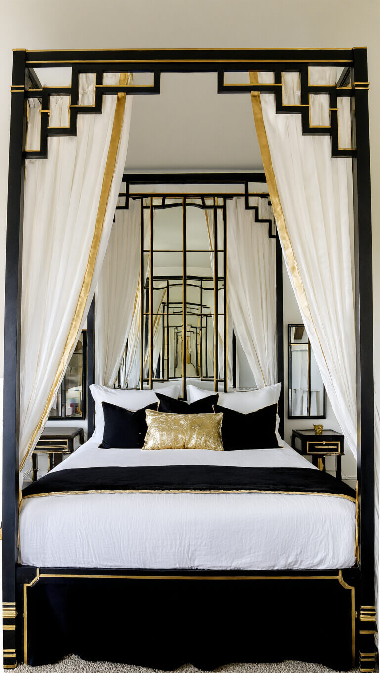 Art Deco 14x14ft room with black and gold canopy, white silk drapes, bold bedding, and vintage mirror panels, shot symmetrically at midday.