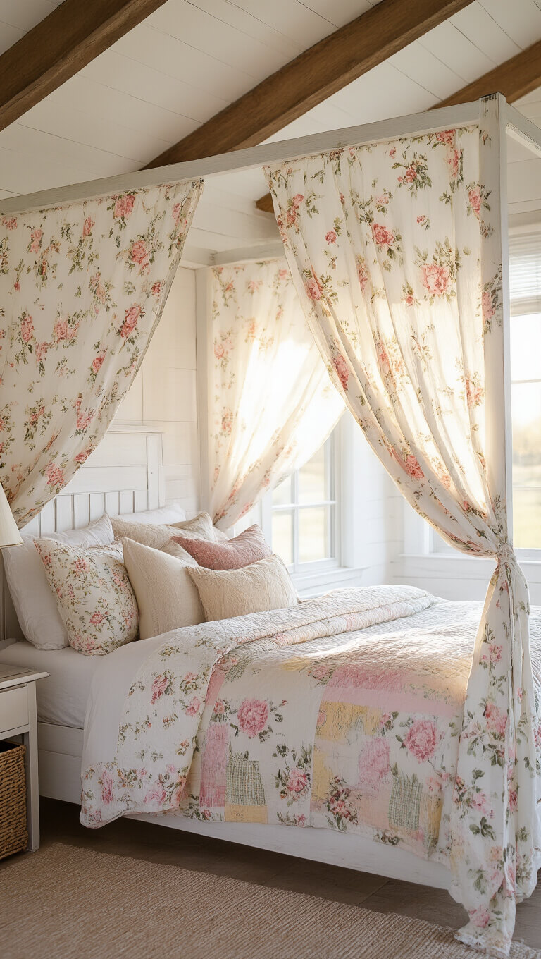 Cozy 11x12ft cottage bedroom at sunrise with white wooden canopy bed, pastel floral canopy, vintage quilted bedding, and exposed wooden beams.