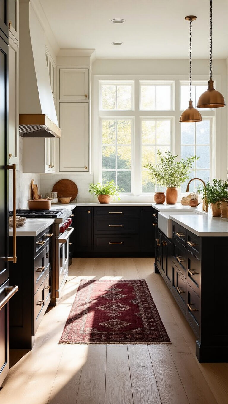 Modern 12x15ft kitchen with dark espresso lower cabinets, cream quartz countertops, white upper cabinets with brass hardware, and morning sunlight highlighting white oak floors and warm decor accents.