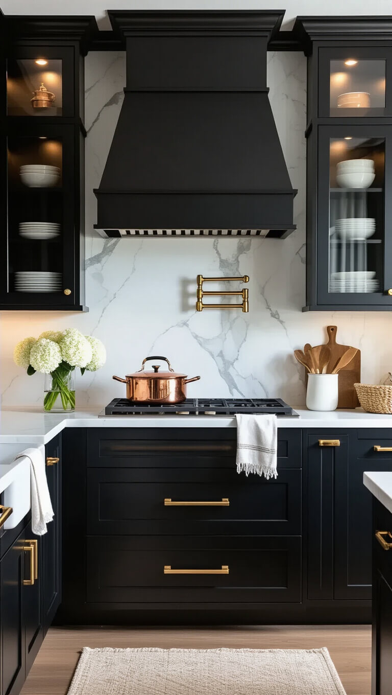 Symmetrical transitional galley kitchen with black cabinets, marble backsplash, gold hardware, and copper accents in late afternoon light.