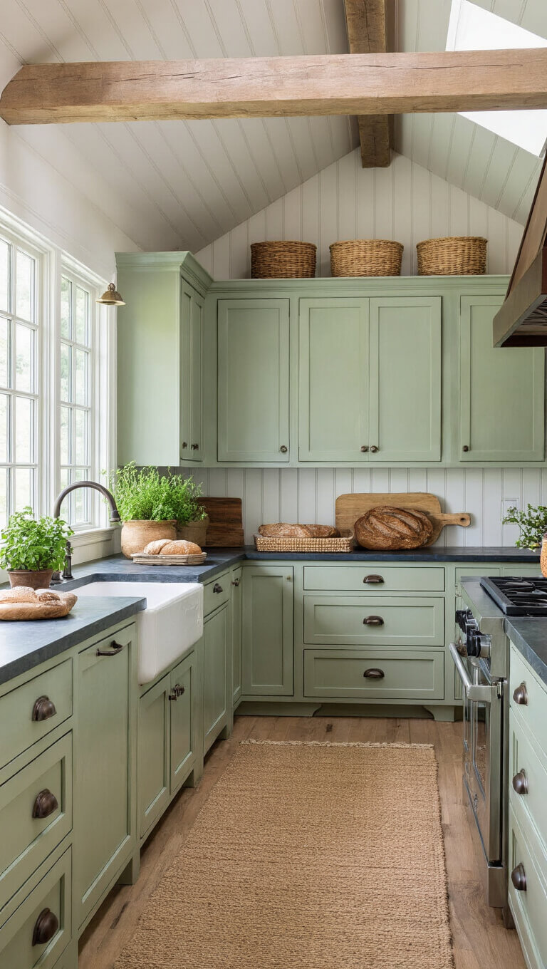 Farmhouse-style kitchen with sage green beadboard cabinets, cathedral ceiling with exposed beams, soapstone counters, vintage bronze hardware, skylight, and rustic décor accents like antique bread boards and potted herbs.