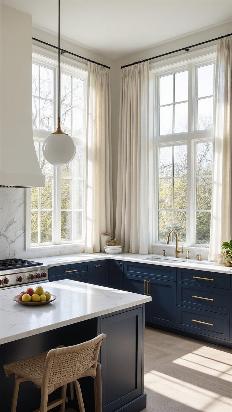 Contemporary open-concept kitchen with navy lower and white upper cabinets, Calacatta marble waterfall island, double-height windows with sheer curtains, and minimal modern decor.