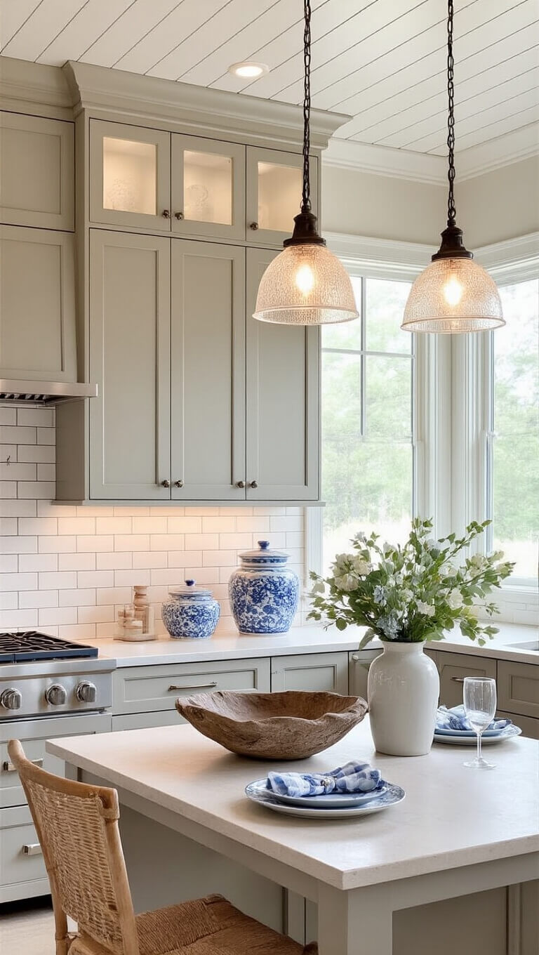 Coastal kitchen with warm greige cabinets, subway tile, tongue-and-groove ceiling, seeded glass pendant lights, and breakfast nook styled with blue-and-white ceramics and driftwood bowl.