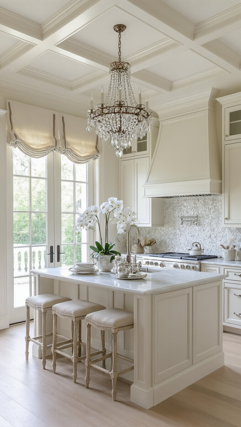 Classic white kitchen with Alabaster cabinets, marble mosaic backsplash, coffered ceiling, crystal chandelier, and golden hour light highlighting an island styled with silver serving pieces, white orchids, and linen curtains.