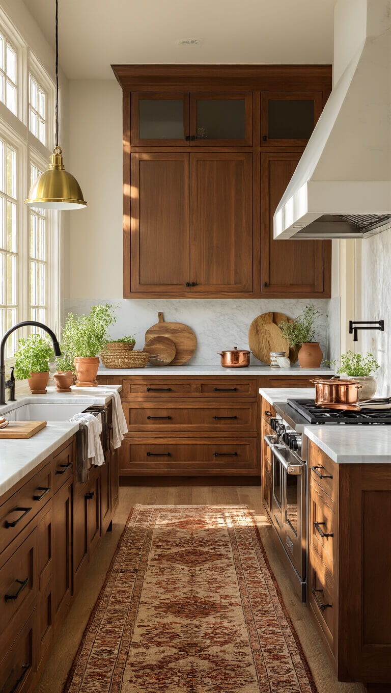 Warm, sunlit 12x15ft kitchen with walnut cabinets, white marble countertops, brass pendant lights, and copper cookware, styled with natural textures and a vintage Persian runner.