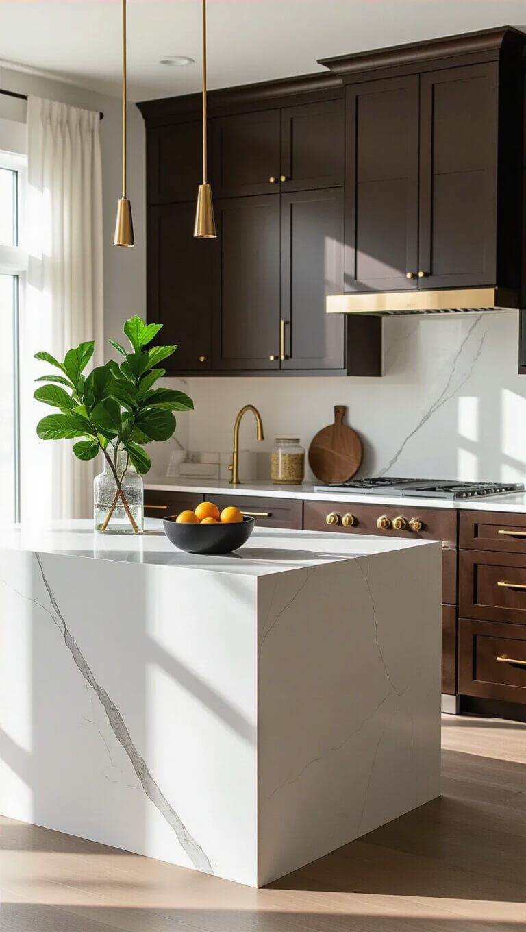 Contemporary kitchen with floor-to-ceiling espresso cabinets, white quartz waterfall island, brass accents, and natural morning light through sheer curtains.