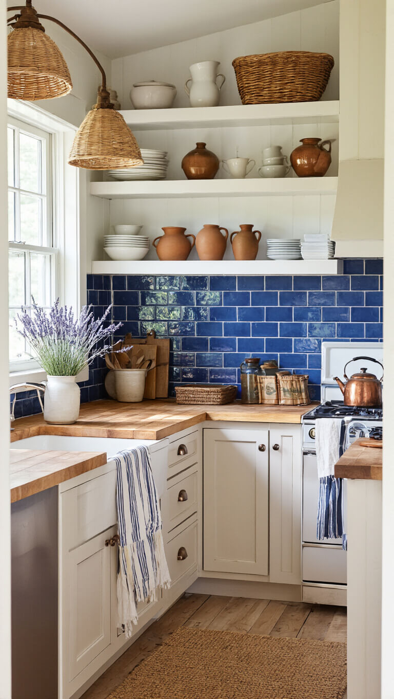 Cozy 10x12ft cottage kitchen with honey brown Shaker cabinets, blue tile backsplash, open shelves with pottery and cookbooks, butcher block counters, vintage gas range with copper kettle, and hygge-inspired decor in warm afternoon light.