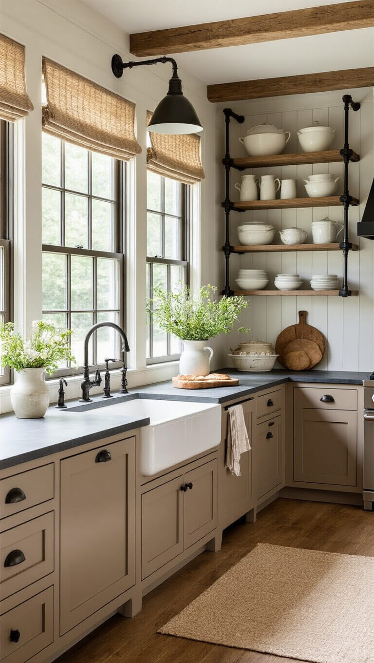 Sunlit farmhouse kitchen with taupe beadboard cabinets, soapstone counters, black pipe shelving, and wide plank pine floors.