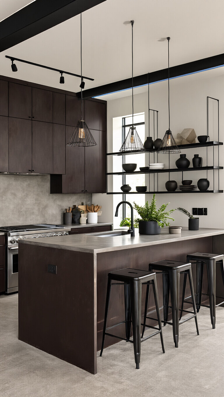 Modern-industrial kitchen with tall dark brown cabinets, concrete countertops, stainless appliances, black metal shelving, and moody lighting.