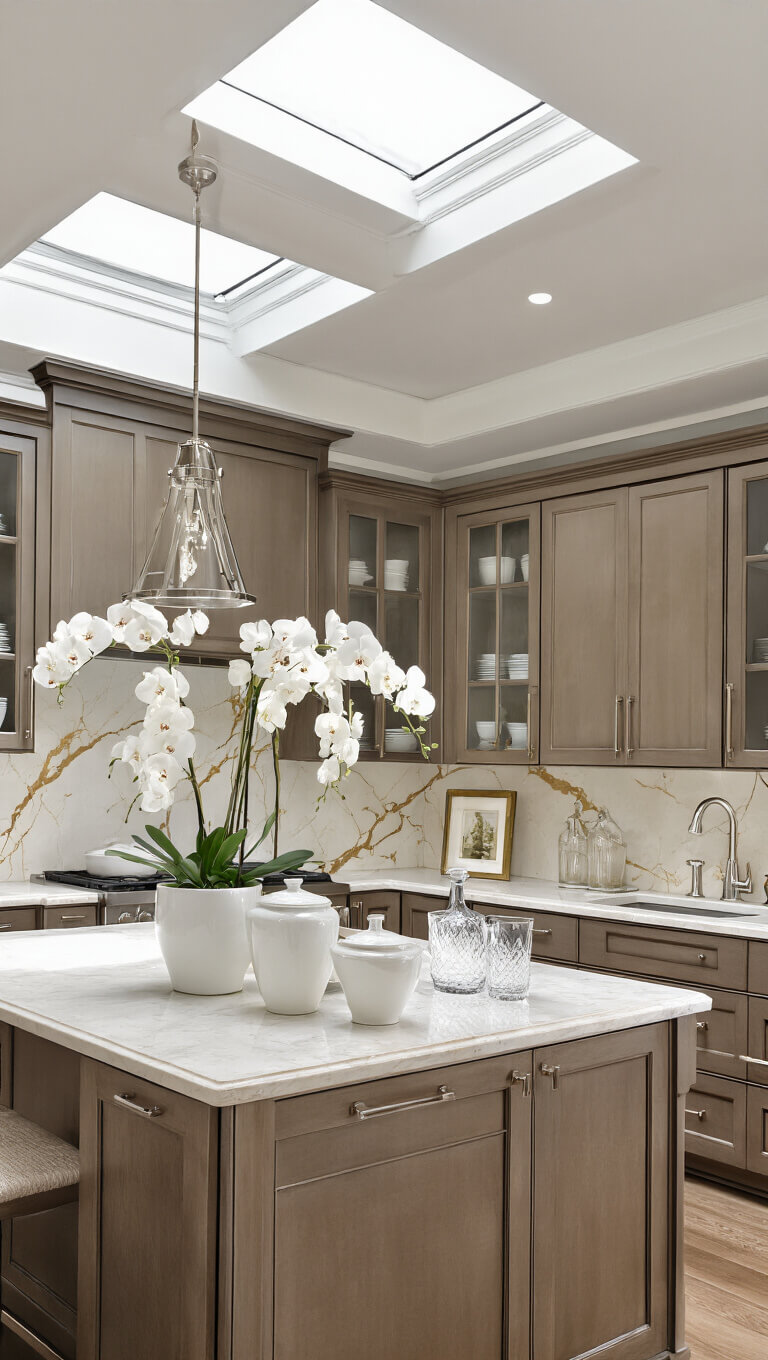 Transitional kitchen with medium brown cabinets, Calacatta gold marble surfaces, polished nickel accents, and natural light from skylight.