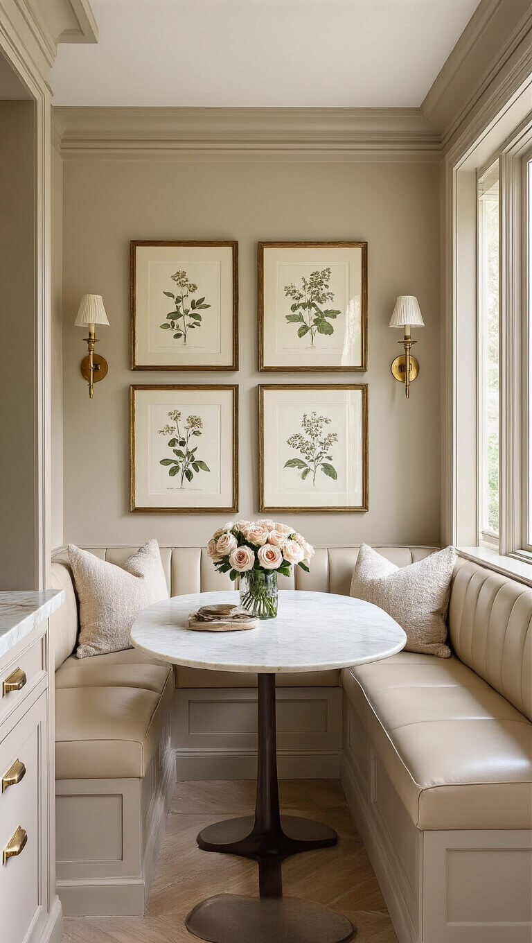 Cozy breakfast nook with cream leather banquette, marble table, vintage decor, and soft morning light filtering through warm-toned kitchen.