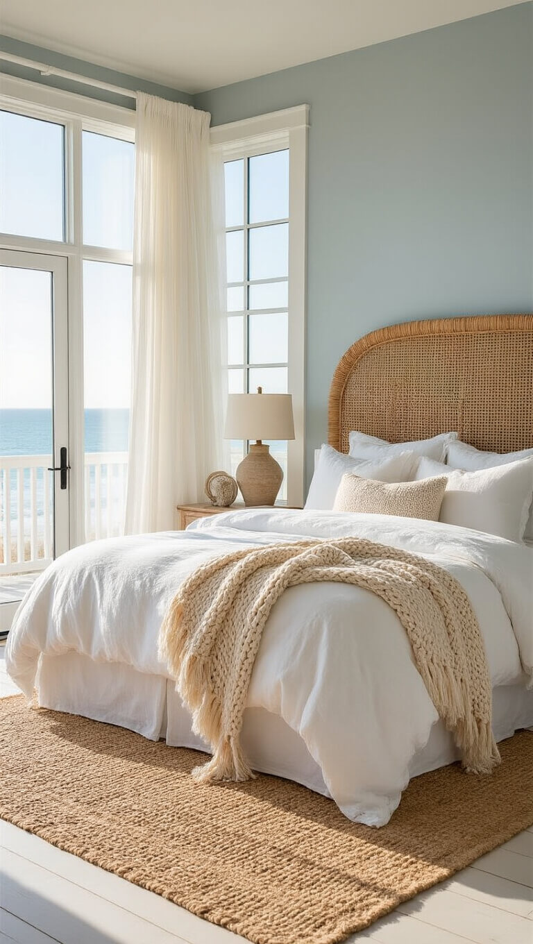 Coastal bedroom with whitewashed oak floors, rattan headboard, and golden hour sunlight through floor-to-ceiling windows.