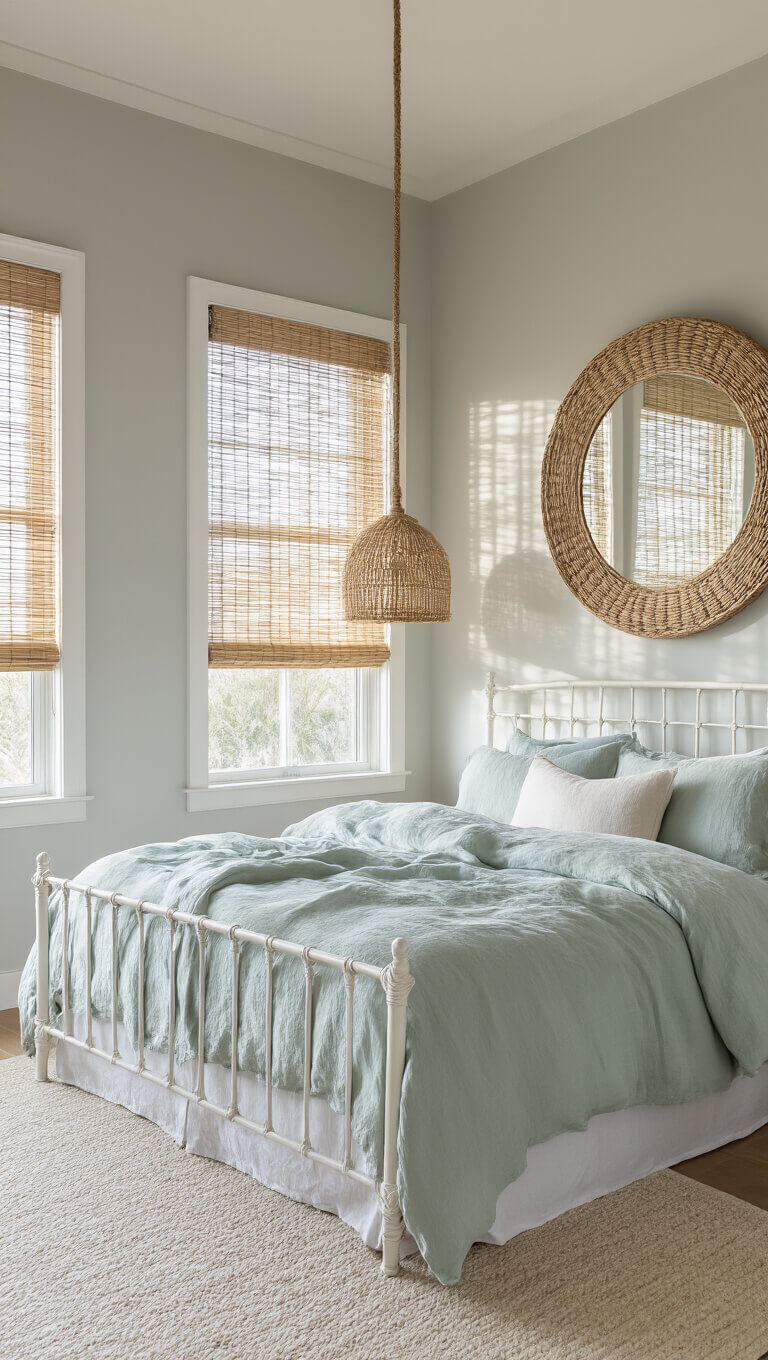 Low-angle view of a cozy 12x12ft coastal bedroom at dawn with morning light filtering through bamboo blinds, casting shadows on pale grey walls; features a vintage white iron bed with seafoam and ivory linen bedding, a round rattan mirror, and rope-wrapped pendant light.
